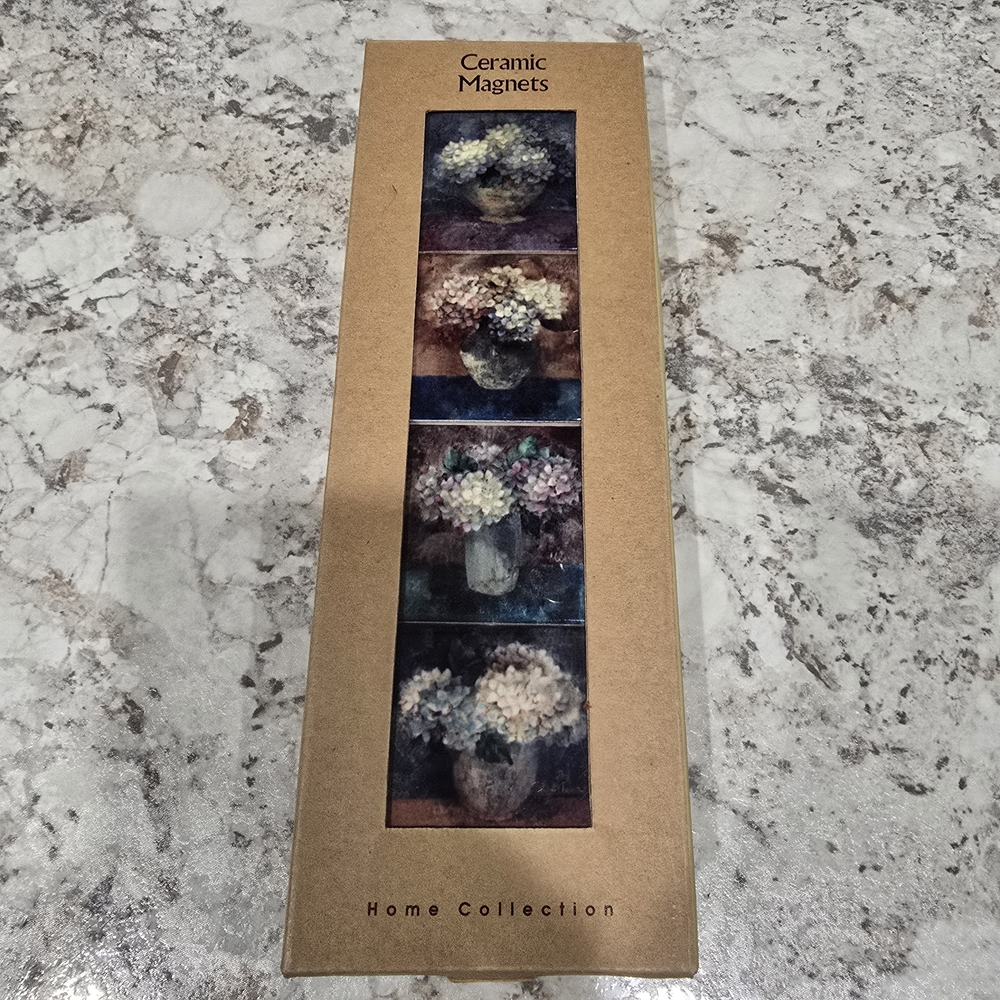 Ceramic Hydrangea Magnets 2 inches square Set Of 4 Blue Purple